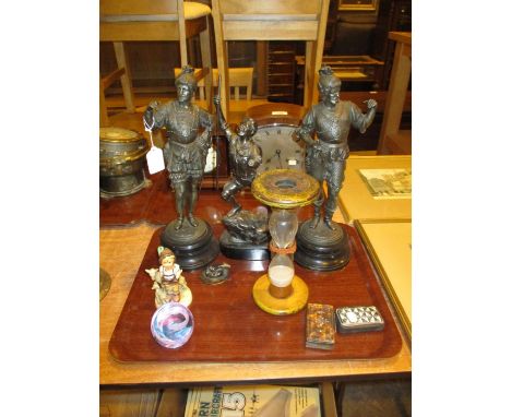 Three Spelter Figures, Hummel Figure, Paperweight, Bobbin Sand Timer and 2 Snuff Boxes 