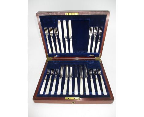 Case with a Part Set of Silver Plate and Mother of Pearl Fruit Cutlery 