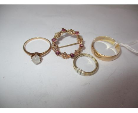 10k Gold Moonstone Ring, 9ct Gold Brooch and 2 Yellow Metal Rings, 8g total 
