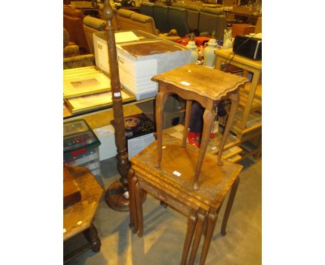 Eastern Carved Teak Standard Lamp and Nest of 3 Tables, along with a Small Walnut Table 