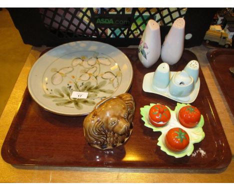 Highland Stoneware Dish, Spaniel Head Money Box, Carltonware and Crown Devon Condiments 