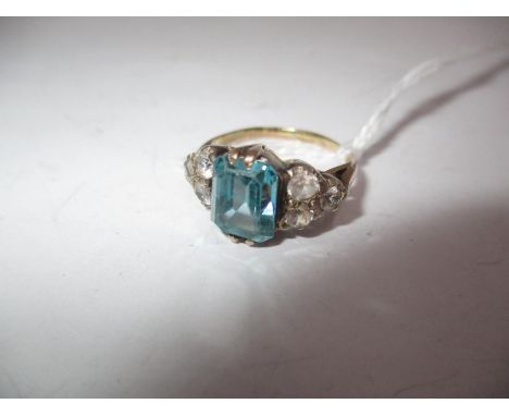 Yellow Metal Ring with Blue and White Stones, 3.4g, Size H 