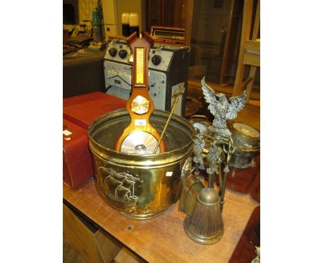 Brass Jardinière, Companion Set, Toasting Fork and a Barometer 
