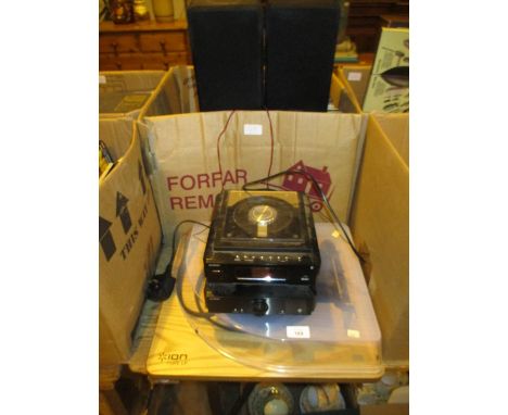 Sandstrom CD/Radio with Speakers, Ion Pure LP Record Deck and a Box of Records 
