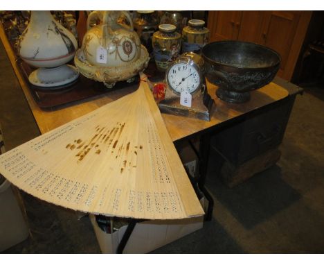 Silver Plate Cased Clock, Chinese Copper Bowl and a Large Fan 