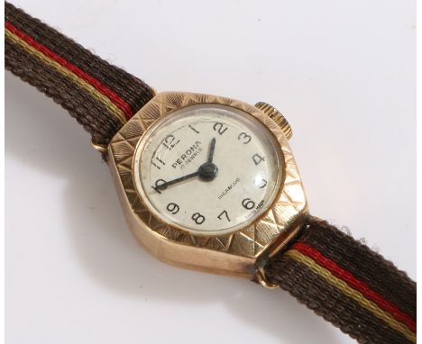 Perona 9 carat gold ladies wristwatch, the signed dial with Arabic numerals, manual wound the case 17mm wide, gross weight 6.