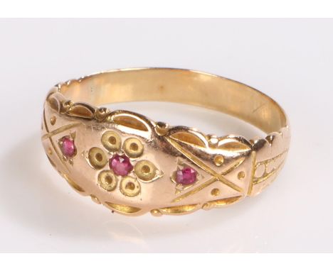 Yellow metal ruby set ring, ring size J 1/2, 2.4 grams