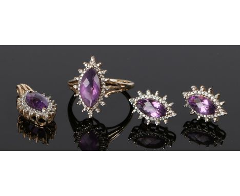 Amethyst jewellery suite, consisting of ring, pendant and earrings, all set with oval amethysts, ring size P, 7.9g (4)