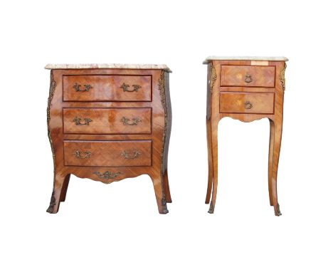 A Louis XVI style marble topped petite commode - the serpentine top above an arrangement of three drawers, on cabriole legs w