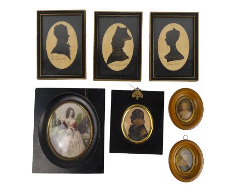 An early 19th silhouette portrait miniature of a gentleman - 8cm x 6cm (oval), together with six other miniatures and silhoue