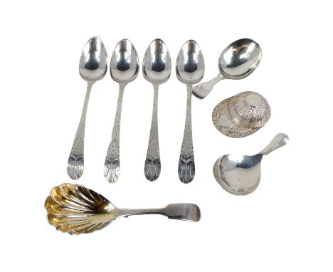 A silver caddy spoon modelled as a jockey cap - Sheffield 1967, Francis Howard Ltd, together with three other caddy spoons an