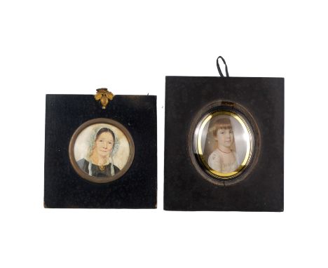 An early 19th century portrait miniature - depicting a young woman with coral necklace wearing a white dress, 7cm x 5cm (oval