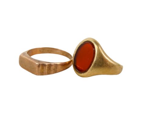 A 9ct gold signet ring - with vacant hardstone plaque, together with another yellow metal ring, 7.3g