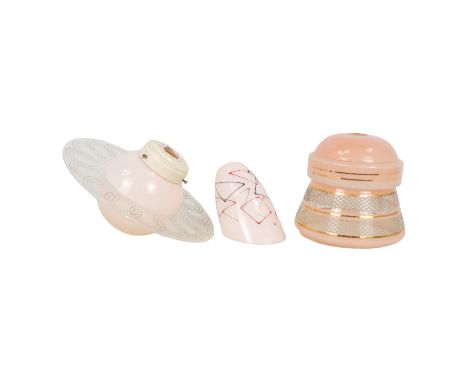 A mid 20th century Saturn type ceiling lamp - the pink glass globe fitted with an acrylic halo, 16cm high, together with two 