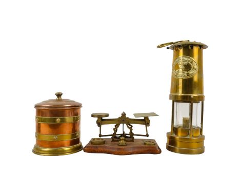 A brass Davie Lamp - E Thomas &amp; Williams, dated 1986, 26cm high, together with copper and brass banded tobacco jar and a 