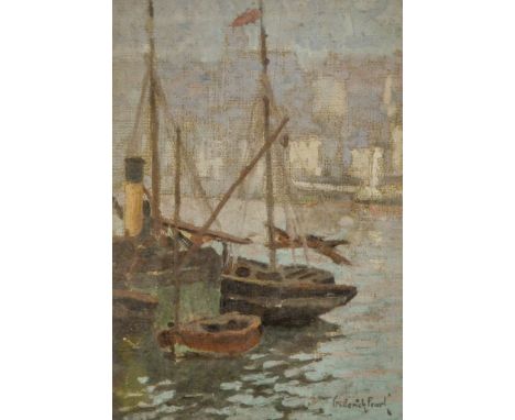 # Frederick PEARL Boats In The Harbour Oil on board Signed lower right Framed and glazed Picture size 23 x 16cm Overall size 