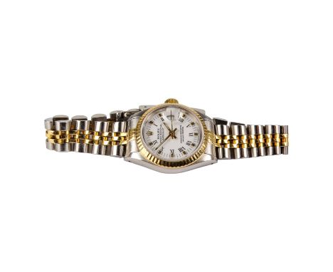 A Rolex ladies 18ct gold and steel Oyster Perpetual Datejust chronometer wristwatch - with baton markers.