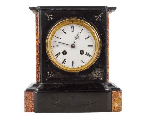A late 19th century black slate mantel clock - with rouge marble inserts, the white enamel dial set out with Roman numerals, 