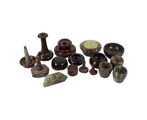 An early 20th century serpentine chamber stick - circular, diameter 10cm, together with a quantity of sundry small items, inc