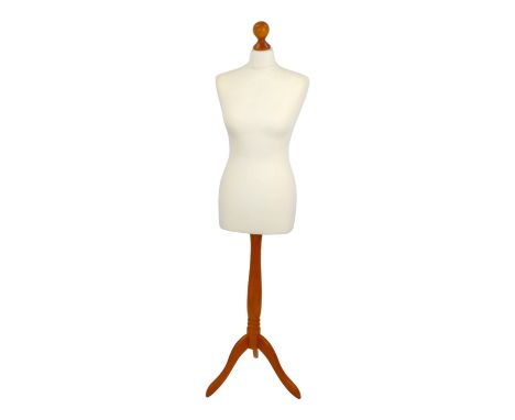 A female mannequin - the white stocking covered torso on a turned beech tripod stand, 152cm high 