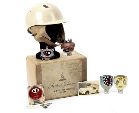 A boxed Herbert Johnson race helmet, formerly the property of Noel Dresden, 1950s,cork-lined open-face helmet with peak, pain