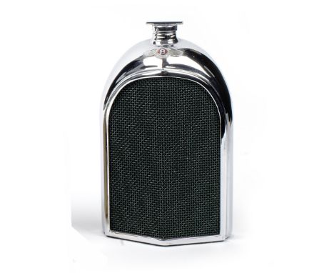 A 'Bentley' radiator decanter by Ruddspeed,chromed, with green wire mesh grille, red enamel radiator badge and 'dog-bone' cap