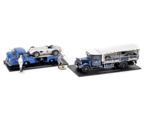 Two 1:18 scale models of Mercedes-Benz Renntransporters by CMC Models of Germany,hand-built finely detailed models constructe