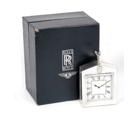 A boxed sterling silver cased Rolls-Royce desk clock, from the Rolls-Royce Collection, 1997,in the form of a vintage Rolls-Ro