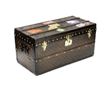 A Louis Vuitton cabin trunk, circa 1920,LV monogram exterior, with brass lock, catches, metal handles to each end, with reinf