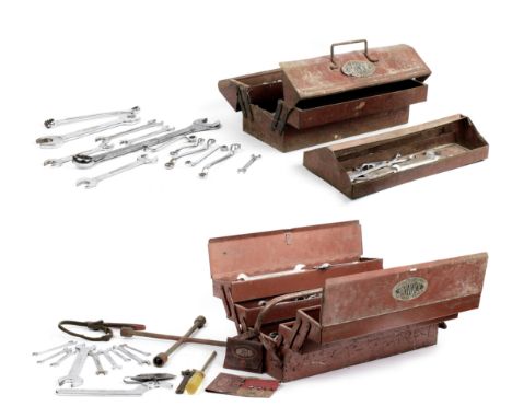 Two original Britool tool boxes with tools,workshop worn, comprising 'Barn' type with lift out tray and two cantilevered side