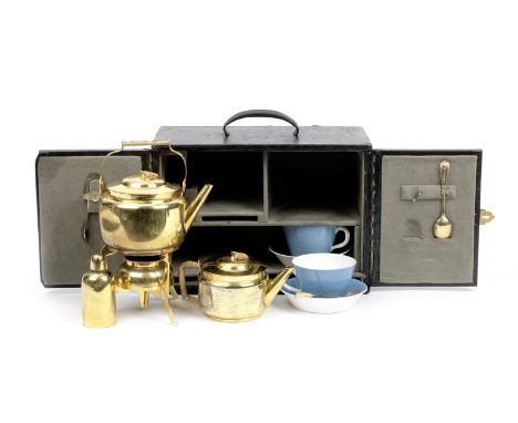 A Christopher Dresser design cased tea-set for two persons, retailed by Kendall &amp; Co, Paris, circa 1905,black leather cas