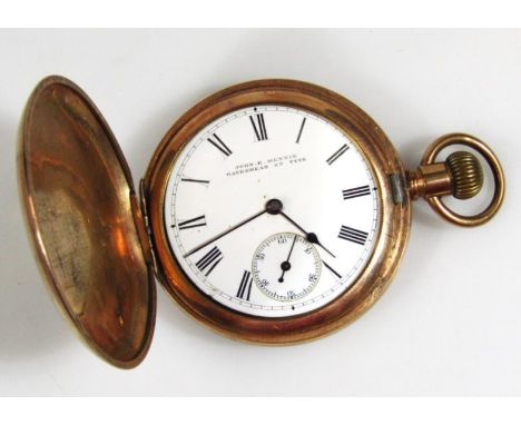 A John. B Mennie hunter pocket watch, in gold plated case, with white enamel dial and seconds dial. 