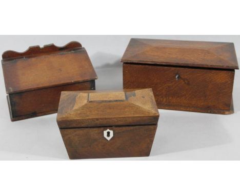 A Regency rosewood sarcophagus tea caddy, 19thC mahogany candle box and an oak cigarette box. (AF), (3)