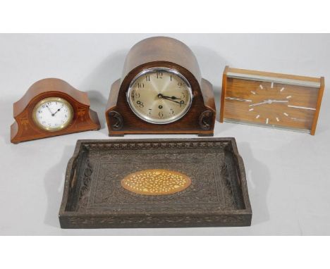 A modern Eastern hardwood tray, with galleried edge, retro teak mantel clock, 25cm wide, 1920's oak mantel clock and another 