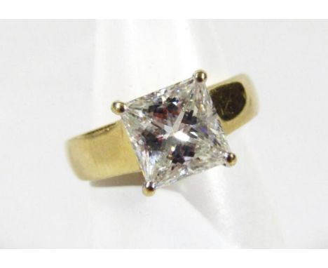 A single stone princess and diamond ring, the diamond approx 2.15ct, GIA cert. stating colour I, clarity VVS2 in yellow metal