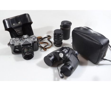 Various cameras, equipment, etc., to include a Zennit Reflex camera, in fitted case, 20cm wide, cased lens, etc. (a quantity)