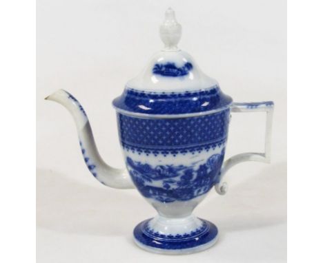An early 19thC blue and white Pearlware Argyle coffee pot, with fitted interior and urn shaped body with angular handle, shap