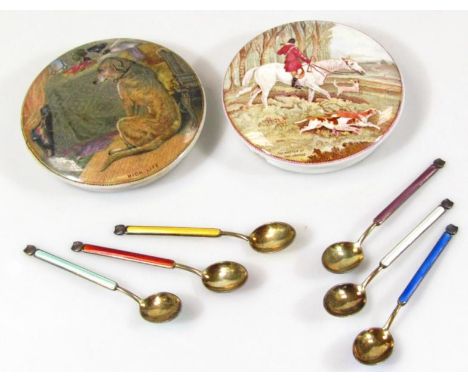 A set of six early 20thC enamel and metal teaspoons, multi colour designs, in yellow, blue, etc, 10cm high two Pratt ware pot