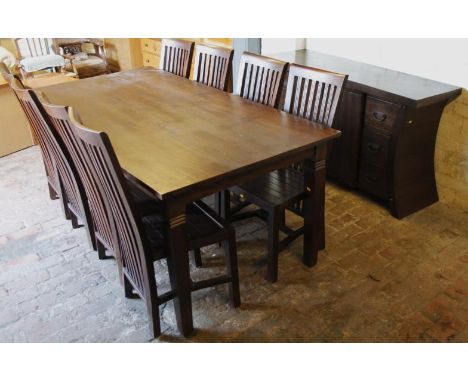 A modern hardwood dining suite, comprising rectangular top, heavy tapering block supports, 79cm high, 201cm wide, 99cm deep, 