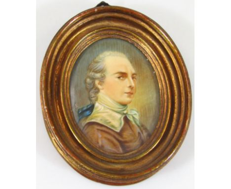 A mid 20thC portrait miniature of a gentleman quarter profile, in Regency dress, indistinctly signed, 8cm x 6cm, in oval fram