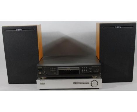 Two retro Sony Speakers in light wood cases, 44cm high, Trio and Mash Technics music systems, etc. (a quantity)