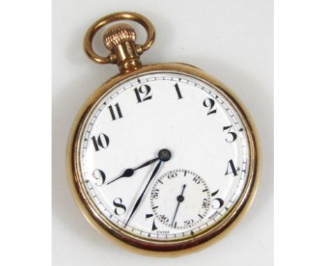 A 9ct pocket watch, with white enamel dial, seconds dial, in yellow metal case, unmarked.