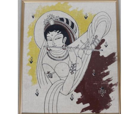 20thC Indian school. Figure playing flute semi-clad, print on material, in yellow red and black, unsigned, 52cm x 45cm.