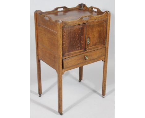 A George III oak night chest, with galleried top above double commode doors and drawer beneath on square supports, 85cm high,