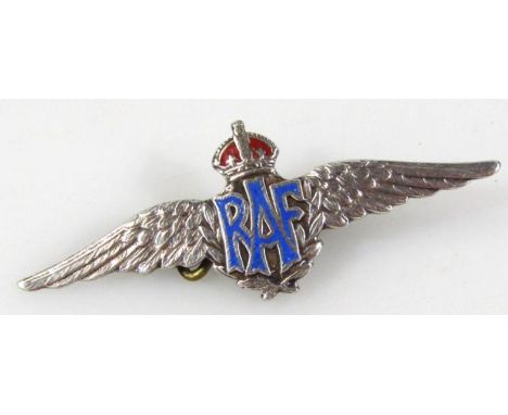 A 20thC RAF sweetheart brooch, with enamel lettering, plain pin back, white metal marked 'silver', 5cm wide, 3g all in..