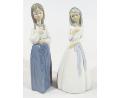 A 20thC Nao figure, of a girl in flowing robes and another similar in hooded dress, 25cm high, printed marks beneath. (2)