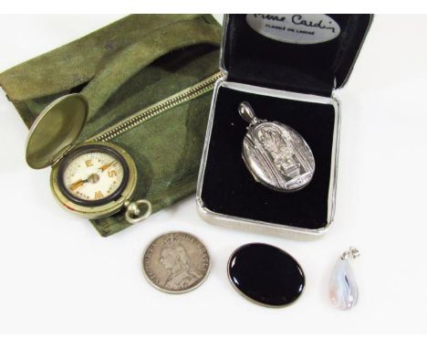 Various jewellery and effects, an oval locket raised with geometric floral pattern with hook top 7cm high, chrome plated comp