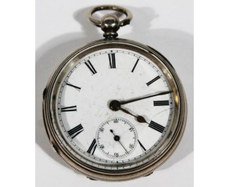 A Victorian silver open faced pocket watch, the 5cm dia. Roman numeric dial with subsidiary Arabic second hand, in a part eng