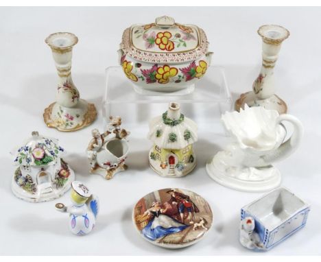 Various porcelain and pottery, etc, to include an early 19thC Derby style sucrier, of boat shaped outline, heavily decorated 