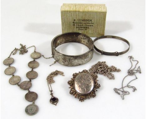 Various silver and other jewellery, to include a bangle, part chased, 7cm wide, locket chain, coin bracelet pendent, etc. (a 